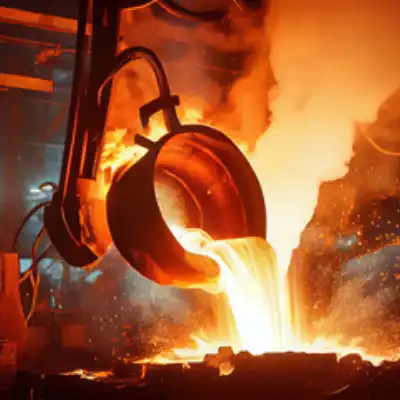 鉄が溶けて赤くなっている鉄鋼業で働く人
